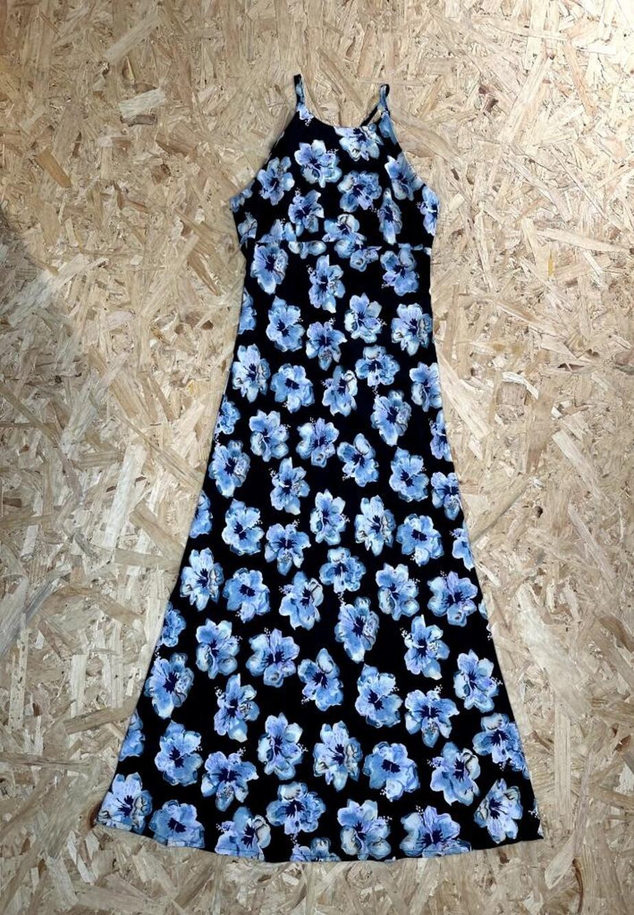 Vintage 5-7-9 Dress Womens Medium Blue Floral Hibiscus Halter Maxi Made in USA